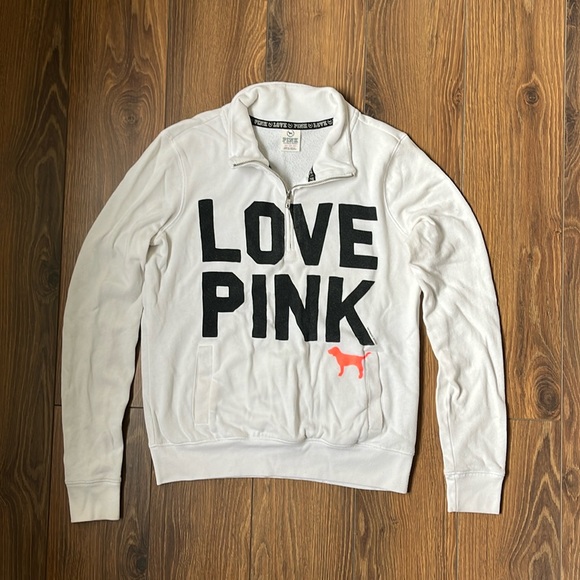 PINK Victoria’s Secret Logo Quarter-zip Pullover Sweater - White - Picture 2 of 9